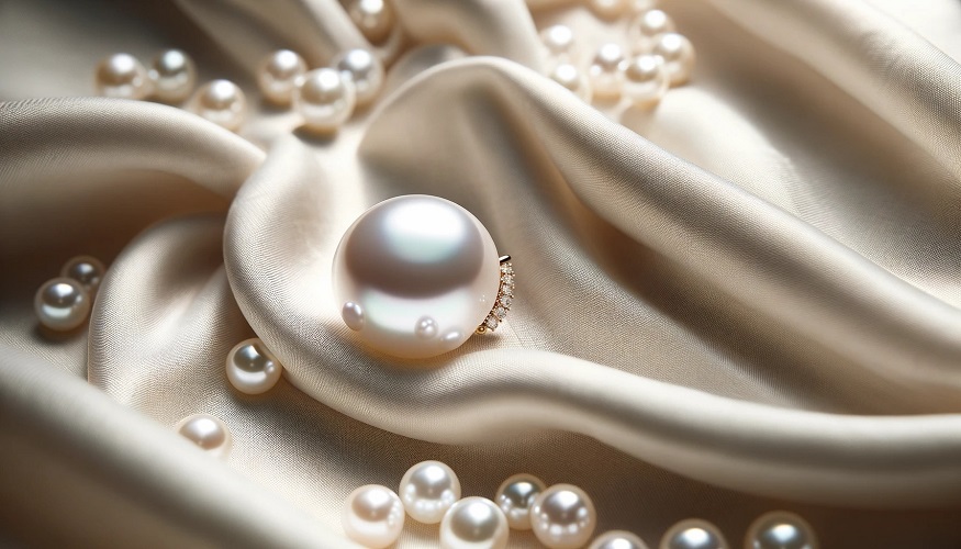 DALL·E 2023-10-24 10.30.44 - Photo_ A highly realistic close-up of an exquisite pearl jewelry piece, elegantly laid out in a product photography setting on a delicate fabric backg.jpg