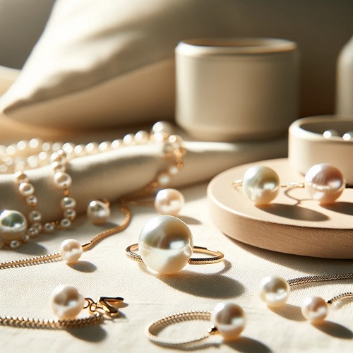 DALL·E 2023-11-17 11.42.53 - A photograph of freshwater pearl jewelry displayed on a table for a flat lay product image, intended for an e-commerce platform. The focus is exclusiv.jpg